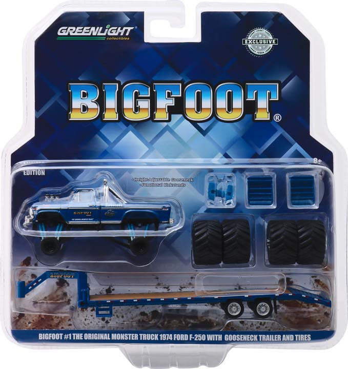 1:64 Bigfoot #1 (1979) - 1974 年福特 F-250 鹅颈拖车上的怪物卡车,带替换轮胎(爱好独家)预订 2024 年 4 月