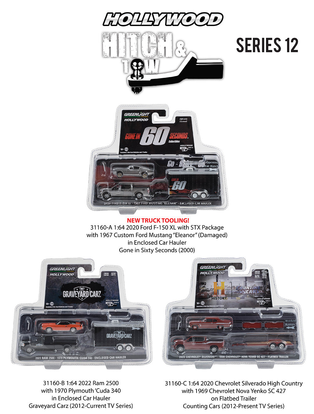 1:64 Gone in Sixty Seconds (2000) - 2020 Ford F-150 XL with STX Package with 1967 Custom Ford Mustang “Eleanor” in Enclosed Car Hauler Solid Pack