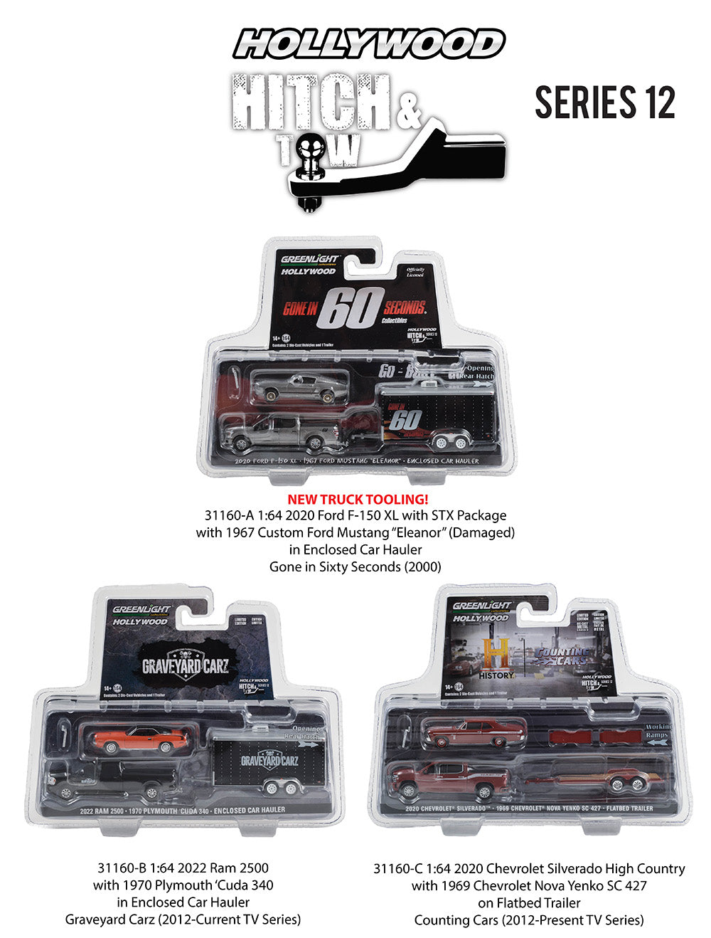 1:64 Counting Cars (TV Series) - 2020 Chevy Silverado High Country w/ 1969 Chevrolet Nova Yenko SC 427 on Flatbed Trailer Solid Pack