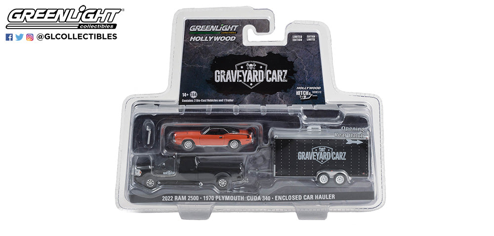 1:64 Graveyard Carz (2012-Current TV Series) - 2022 Ram 2500 with 1970 Plymouth ‘Cuda 340 in Enclosed Car Hauler Solid Pack