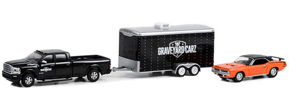 1:64 Graveyard Carz (2012-Current TV Series) - 2022 Ram 2500 with 1970 Plymouth ‘Cuda 340 in Enclosed Car Hauler Solid Pack