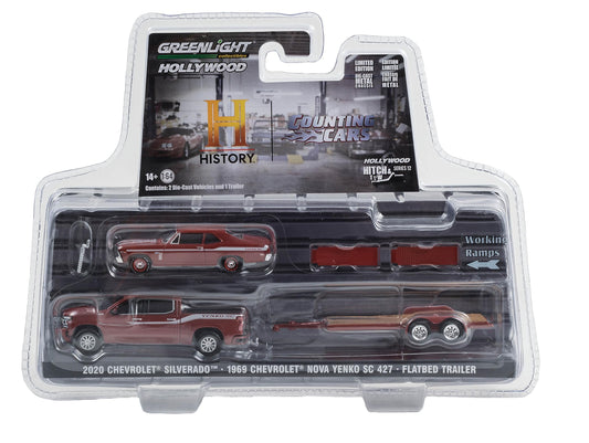 1:64 Counting Cars (2012-Present TV Series) - 2020 Chevrolet Silverado High Country with 1969 Chevrolet Nova Yenko SC 427 on Flatbed Trailer Solid Pack